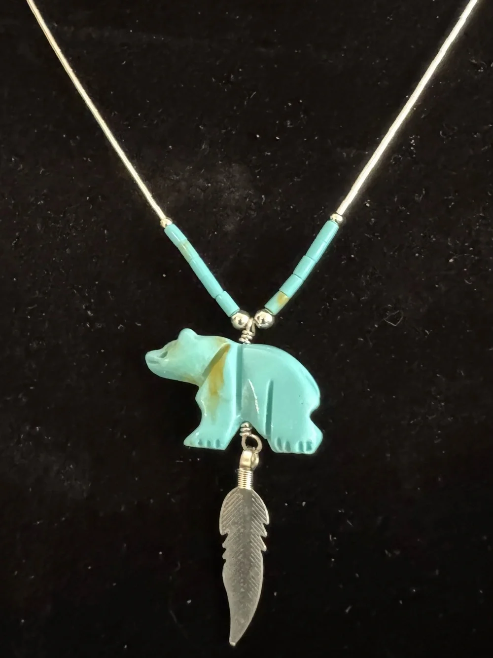 Turquoise Bear Pendant Necklace liquid silver with Silver‎ Feather